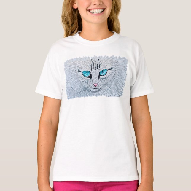 Blåögd Fluffig Katt T Shirt (Framsida)