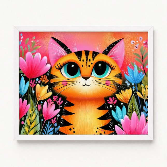 Blåögd rosa och orange tabby katt blomster poster (Blue Eyed Pink and Orange Tabby Cat Floral Poster)