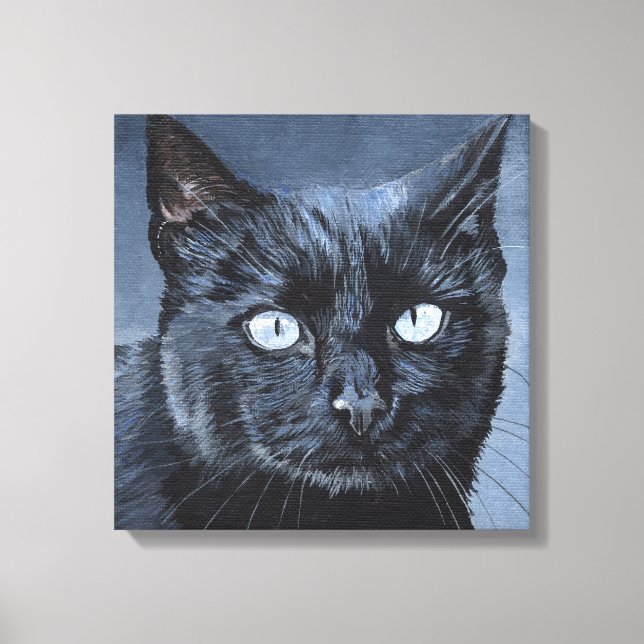 Blåögd svart katt på mörkblått canvastryck (Framsida)