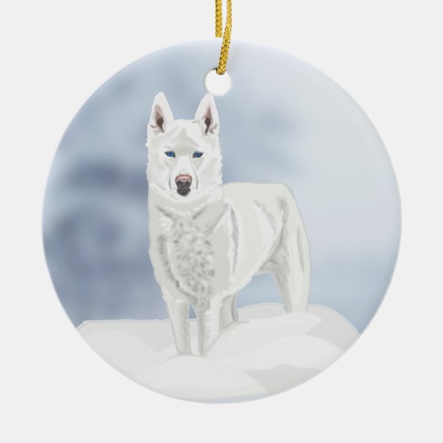 Blåögd, vit Husky, i snö Julgransprydnad Keramik (Framsidan)