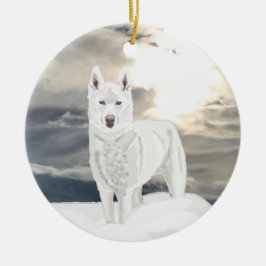 Blåögd, vit Husky, i snö Julgransprydnad Keramik
