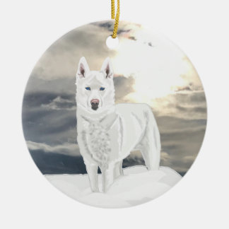 Blåögd, vit Husky, i snö Julgransprydnad Keramik