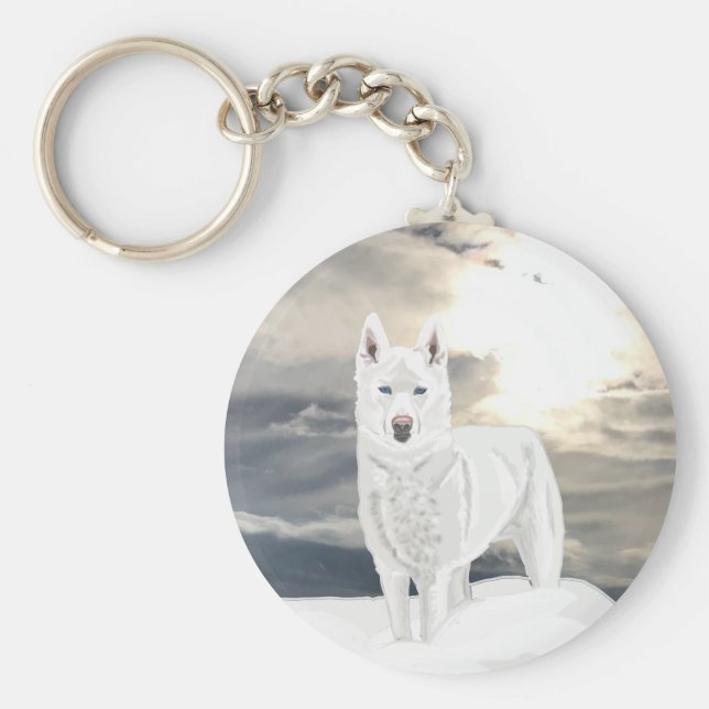 Blåögd, vit Husky, i snö Nyckelring (Framsidan)