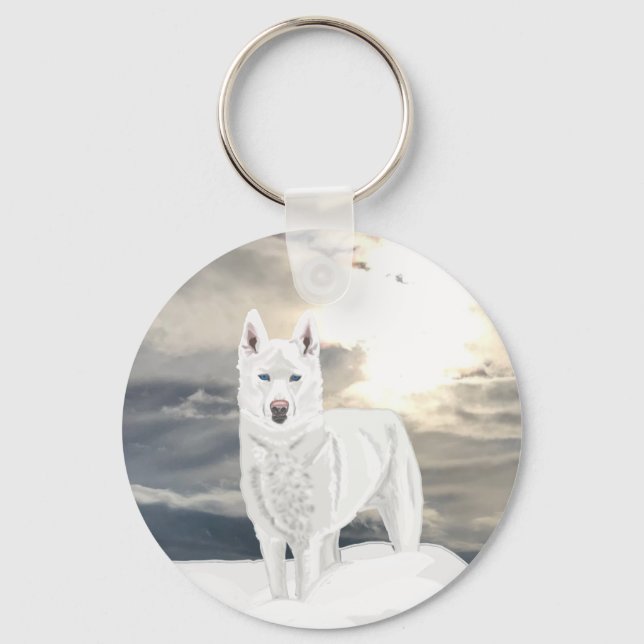 Blåögd, vit Husky, i snö Nyckelring (Framsida)