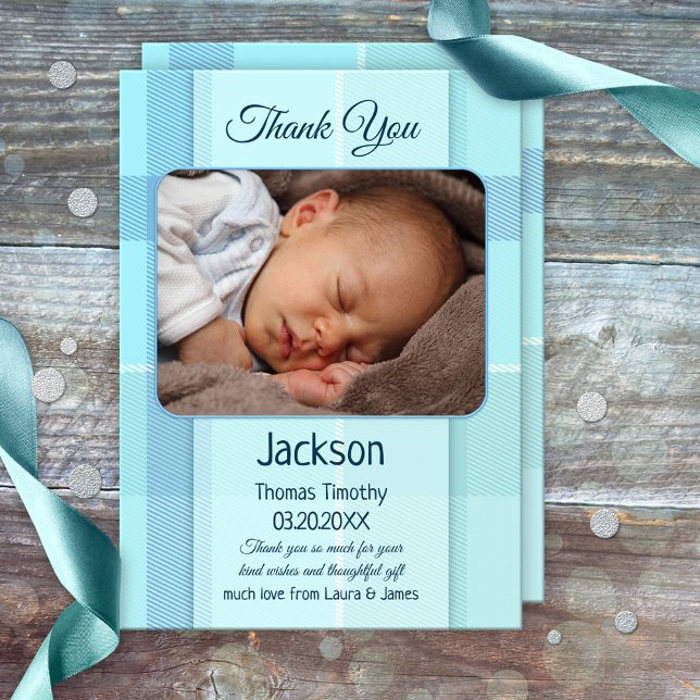 Blåpastellpapp Baby Foto - tackkort Tack Kort (Gender neutral baby Thank You card with a photo of your own baby on a pastel blue turquoise plaid)