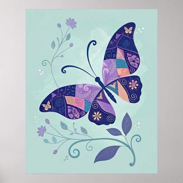 Blåpatchwork Butterfly Poster (Framsidan)
