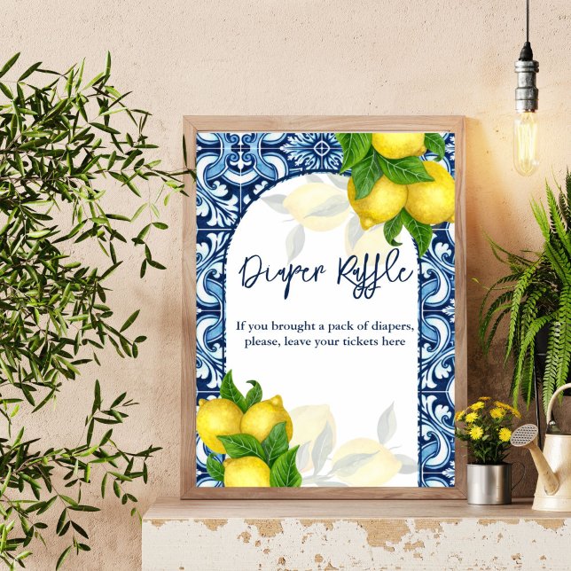 Blåplattor, citron Amalfi-babyduschens raffskylt Poster (Blue tiles lemon Amalfi baby shower diaper raffle sign Mediterranean baby shower table sign)