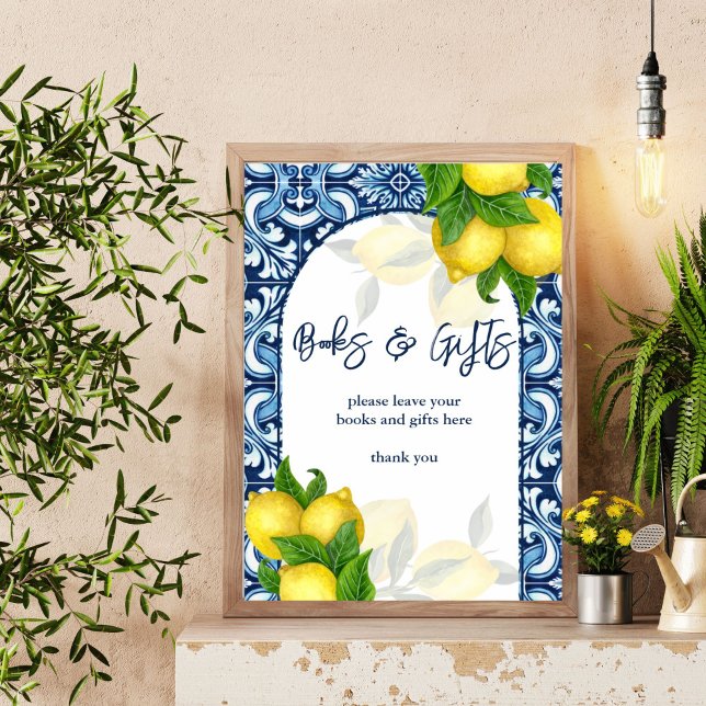 Blåplattor, citron, Amalfi-babyskylt Poster (Blue tiles lemon Amalfi Mediterranean baby shower books and gifts table sign personalized decor)