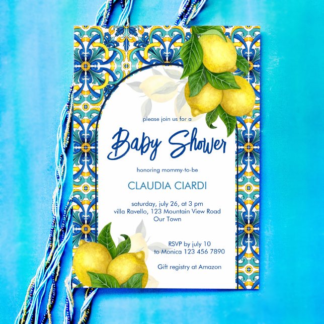 Blåplattor citron Amalfi Positano babydusch Inbjudningar (Skapare uppladdad)