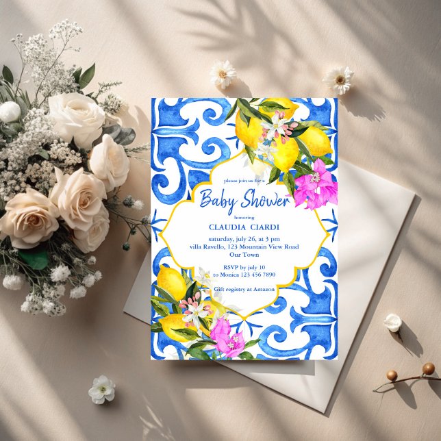 Blåplattor, citron, italienska babydusch inbjudningar (Blue tiles lemon bougainvillea  Italian baby shower Invitation cards template gender neutral )