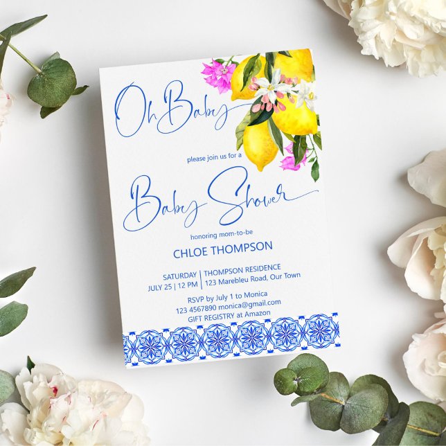 Blåplattor citroner bougainvillea oh babydusch inbjudningar (Blue tiles lemon bougainvillea oh baby baby shower Mediterranean themed summer baby shower invite)