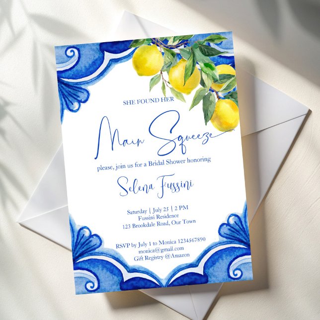 Blåplattor, citroner, möhippa inbjudningar (Blue tiles lemons she found her main squeeze bridal shower invitation template instant download)