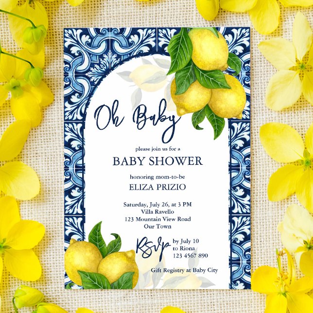 Blåplattor och citron Amalfi Positano babydusch Inbjudningar (Skapare uppladdad)