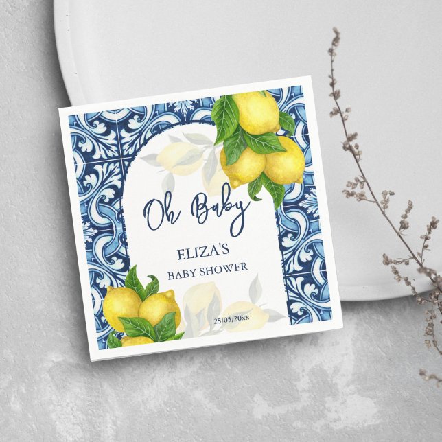 Blåplattor och citron Amalfi Positano babydusch Pappersservett (Blue tiles and lemons Amalfi Positano baby shower template Napkins Mediterranean themed personalized)