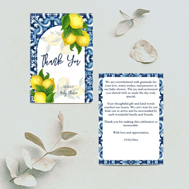 Blåplattor och citron Amalfi Positano babydusch Tack Kort (Blue tiles and lemon Amalfi Positano baby shower Thank You Card Mediterranean themed thank you cards)