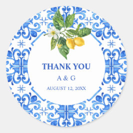 Blåplattor och citroner bröllop runt klistermärke