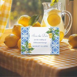 Blåplattor och citroner bröllop spara datumet