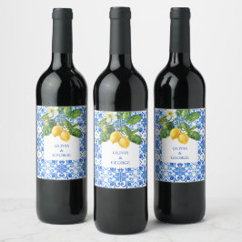 Blåplattor och citroner bröllop vinflaska etikett