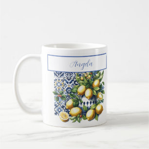 Blåplattor och citroner ditt namn kaffemugg