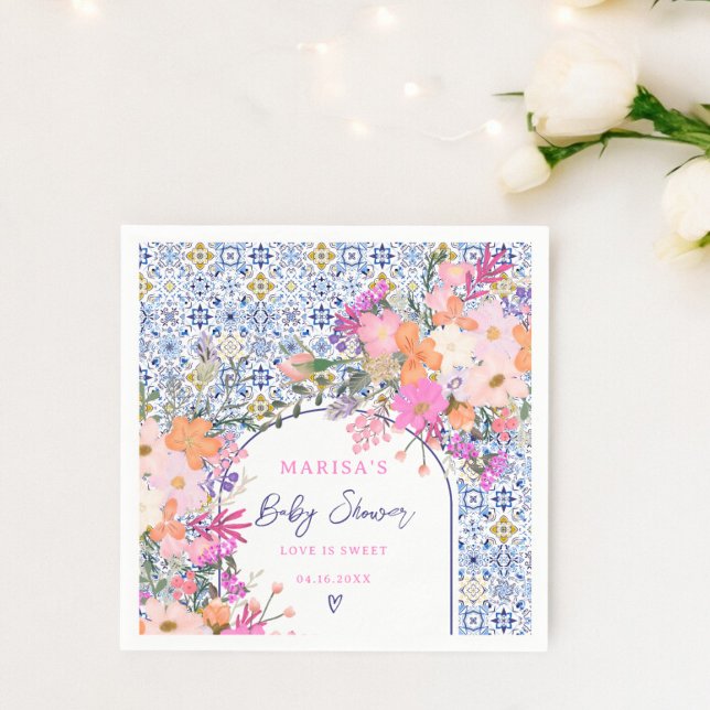 Blåplattor, vattenfärg, vilda blommor, babydusch pappersservett (Blue tiles watercolor wildflowers baby shower napkins)