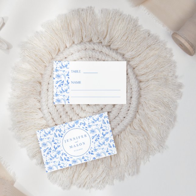 Blåporslinje blommigt folk bröllop Flat Place Card Placeringskort (Skapare uppladdad)
