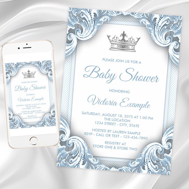 Blåprins-babyinbjudan för babykläder i Silver Inbjudningar (Blue Silver Prince Baby Shower Invitations. Instant download and printed invitations available.)