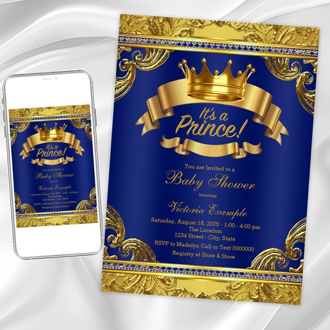 Blåprinsen för barn i Royalet Guld Blue Finare Pri Inbjudningar (Elegant prince baby shower invitation. Digital download and printed invitations available.)