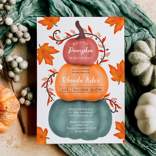 Blåpumpdusch för orange av kallt fall inbjudningar (Cute fall orange blue pumpkins baby shower invitation)