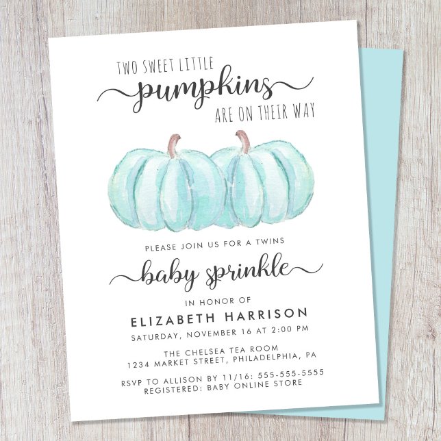 Blåpumpkin Baby Sprinkle-inbjudan för Twin Boys Bl (Celebrate the upcoming arrival of your autumn twin baby boys with a pumpkin-themed baby sprinkle)
