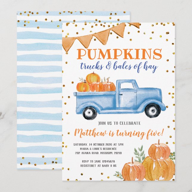 Blåpumpkin Lastbil födelsedagsinbjudan Inbjudningar (Fram/baksida)