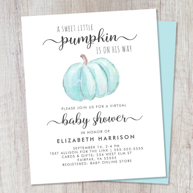 Blåpumpsinbjudan för virtuella Pojke (Celebrate the upcoming arrival of your autumn baby boy with a pumpkin-themed virtual baby shower)