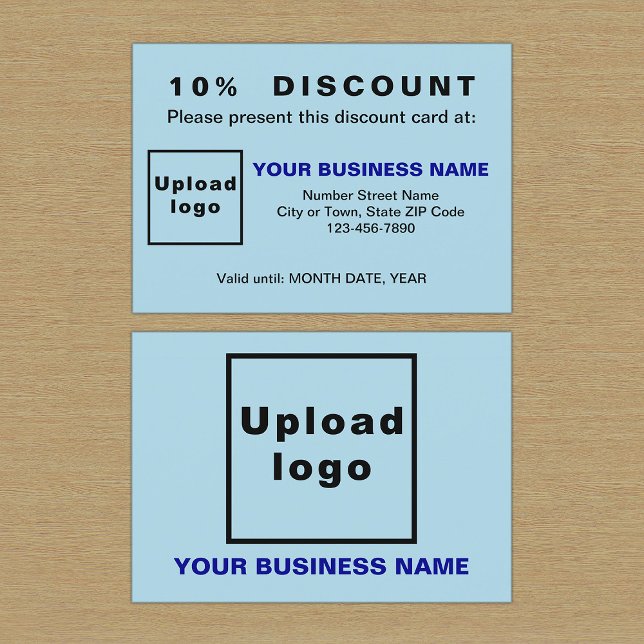 Blårabattkort för Business Light Rabattkort (Front and back sides of light blue discount card for your business.)