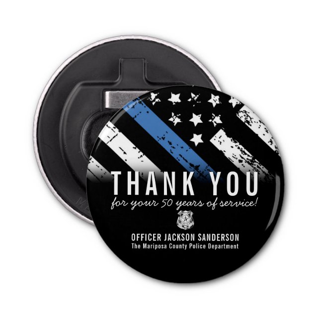 Blåradmedarbetare vid polisens Pension-årsdag Flasköppnare (Framsidan)