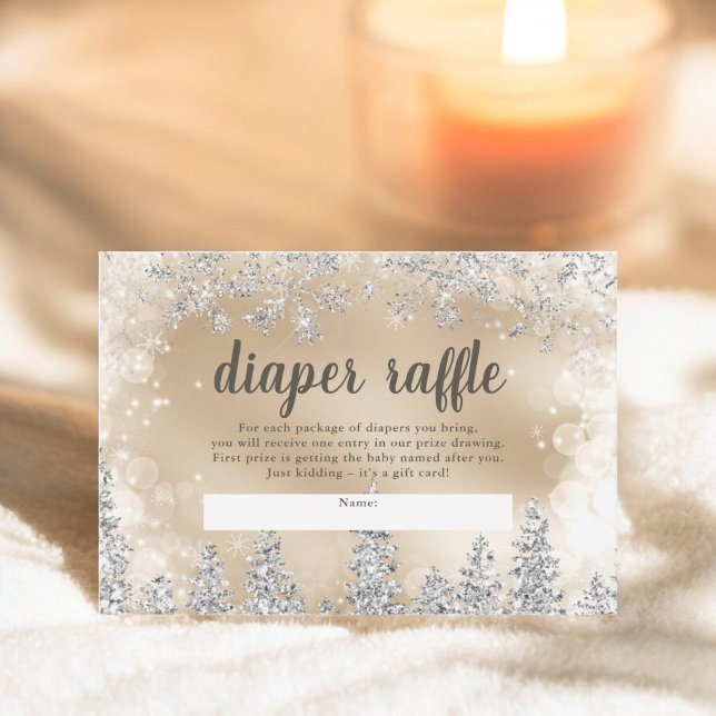 Blåraffel i gräs vid Winter silver vid snö vid gul Tilläggskort (Winter silver snow pine gold diaper raffle baby enclosure card)