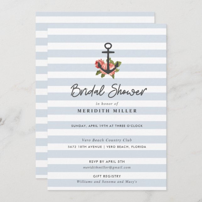 BlåRand Nautisk ankare Möhippa Party Inbjudningar (Fram/baksida)