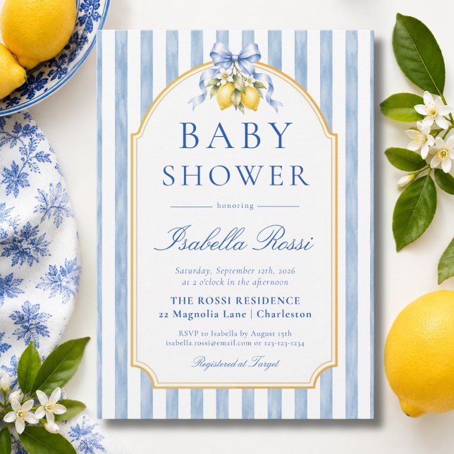 Blårandig Amalfi-kust citron baby shower  Inbjudningar (Skapare uppladdad)