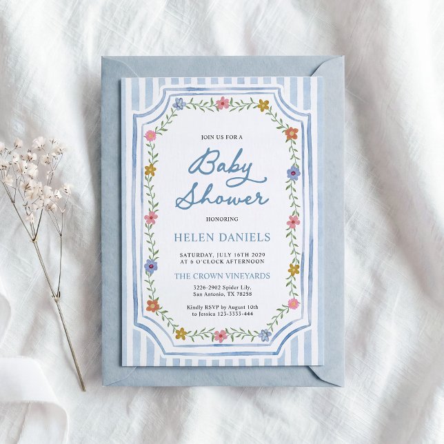 Blårandig blomsterinbjudan till baby shower inbjudningar (Skapare uppladdad)