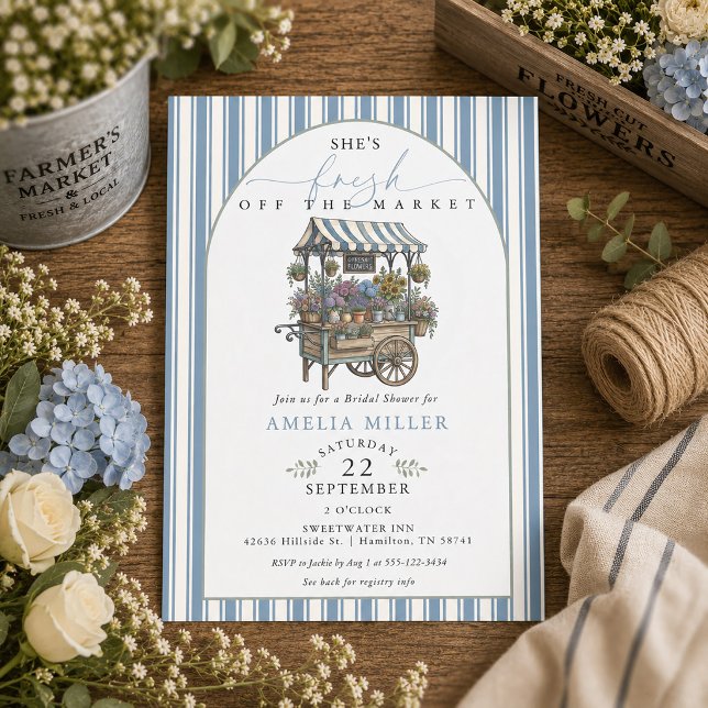 Blårandig Bröllopsfestival Nykomling på Marknaden Inbjudningar (Blue Striped Fresh Off The Market Bridal Shower Invitation)