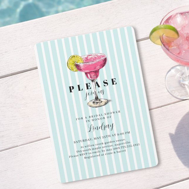 Blårandig Cocktail Bröllopsfest för bruden Inbjuda Inbjudningar (Blue Stripe Cocktail Bridal Shower Party Invitation)