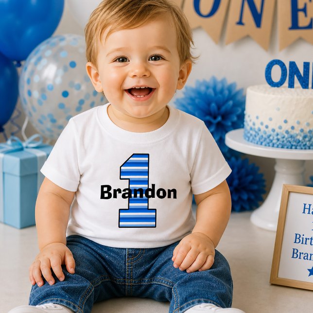 Blårandig födelsedagsskjorta för pojke vid ettårsf t-shirt (Blue Striped First Birthday Boy Shirt)