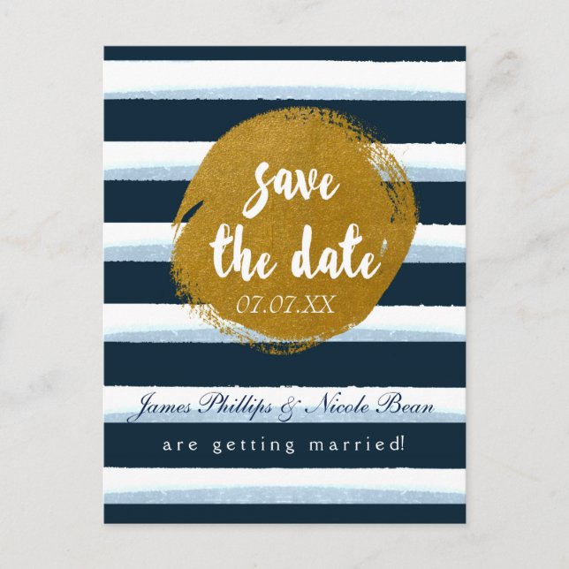 Blårandigt & guld folie Save The Date vykort (Framsida)