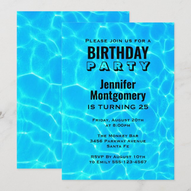 Blåreflexer från Vatten vid Blått Bassäng Inbjudningar (Fram/baksida)