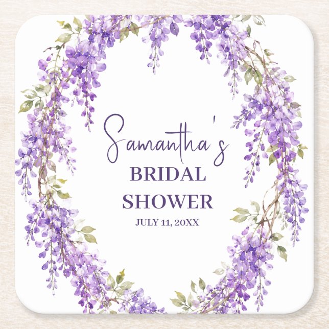 Blåregnsblommor Lila Akvarell Bröllopsdusch Underlägg Papper Kvadrat (Framsidan)