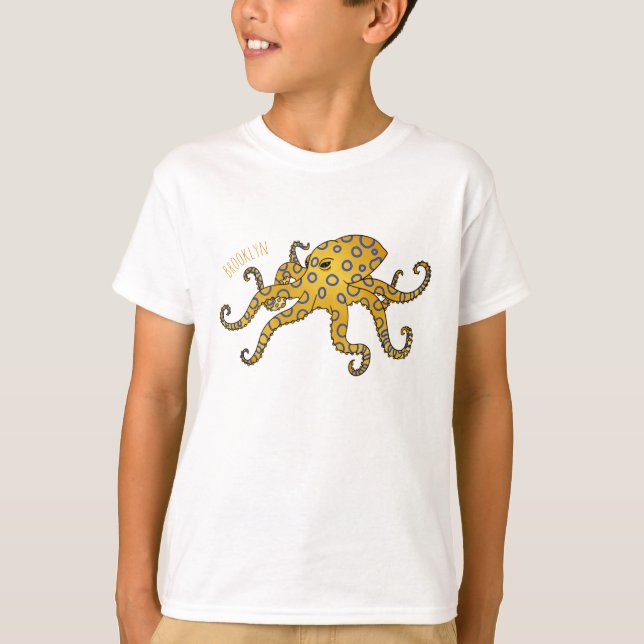 Blåringad illustration av bläckfiskens tecknad t shirt (Framsida)