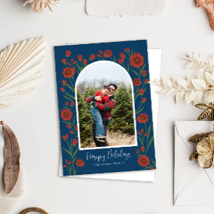 Blåröda blommor Boho Arched Photo Helgdag Card Julkort