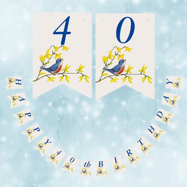 Blåröda fåglar på Gren Gula blommor Vimplar (Cute singing red blue bird on branch yellow flowers Happy birthday bunting flag party banner.)