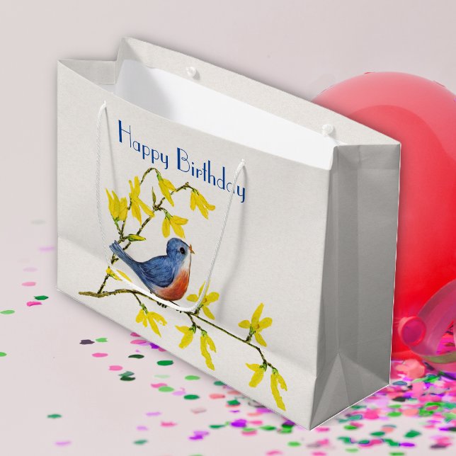 Blåröda fåglar vid Gren Söt Flowers (cute little red and blue bird on branch with yellow flowers on white Happy Birthday gift bag.)