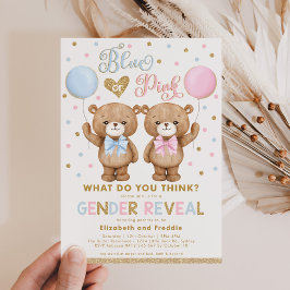 BlåRosa Guld Nalle Gender Reveal Baby Inbjudningar