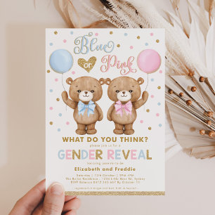 BlåRosa Guld Nalle Gender Reveal Baby Inbjudningar