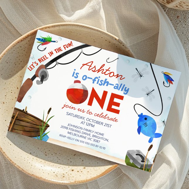 Blårött fiske ofiskalt 1:a födelsedag inbjudningar (Reel Fun Ofishally 1st Birthday Invitation, Fishing Themed First Birthday Party Invite, O-fish-ally)